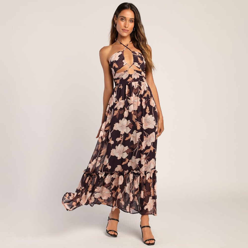 NWT Lulus Blooming Elegance Purple Floral Cutout Halter Maxi Dress Size XS